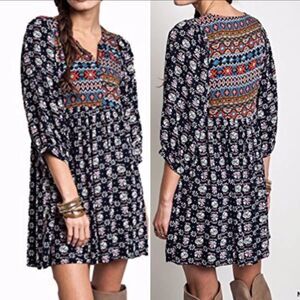 Umgee Boho Floral Aztec Southwestern Babydoll Tunic Dress Medium